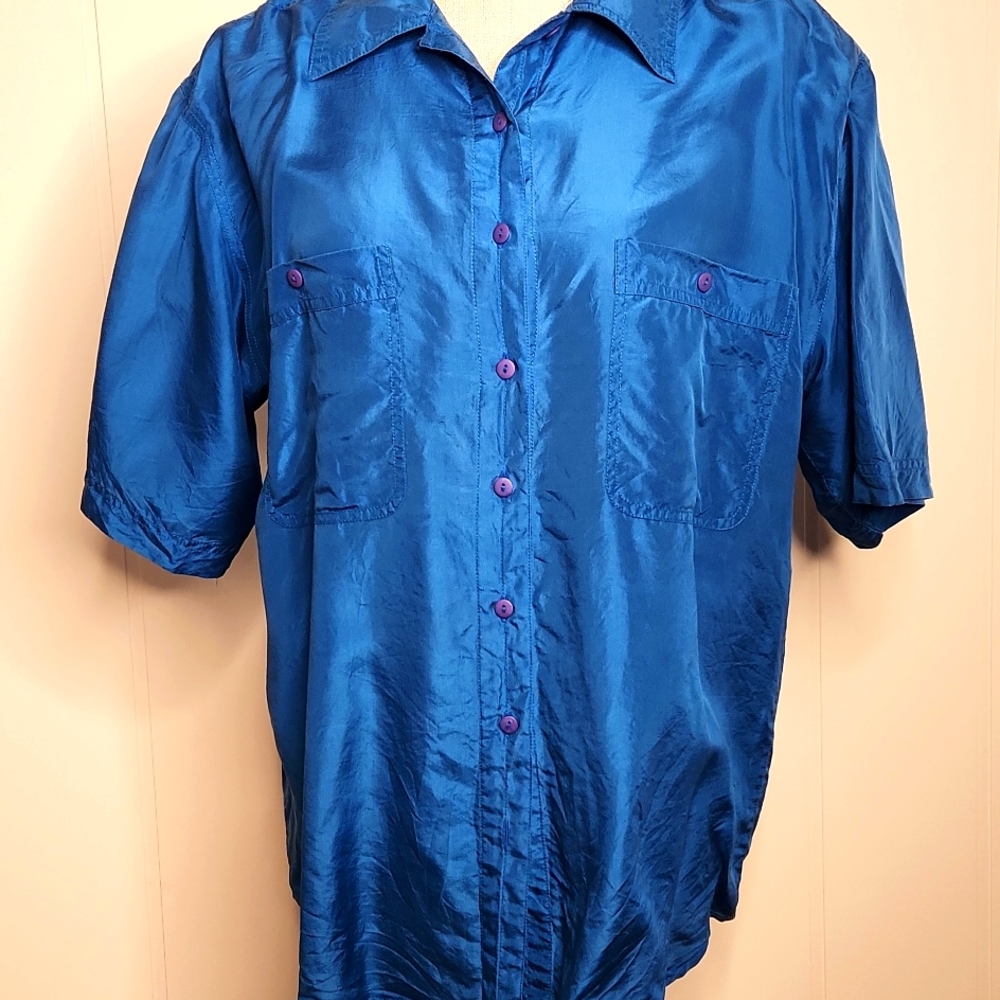 90s Silk Natural Fibers bright blue short sleeve button-up pocket shirt